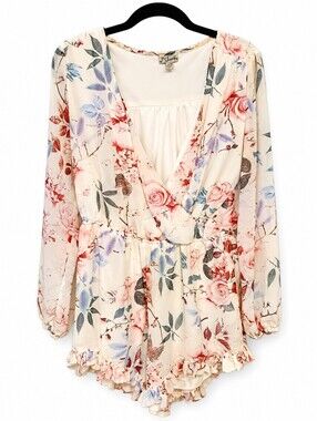 Joie Cream Floral Wrap Tunic Romper with Pink Roses